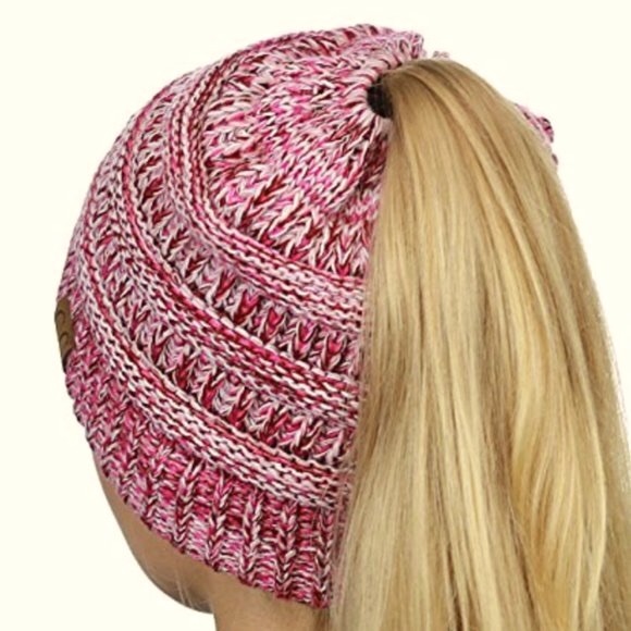 C.C Soft Stretch Cable Knit Messie Bun Beanie Tail Hat in Pink NWT - Picture 3 of 7